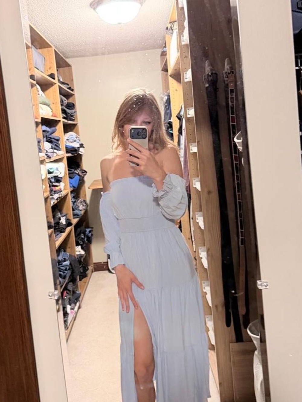 Off-Shoulder Light Blue Maxi Dress with Thigh Slit